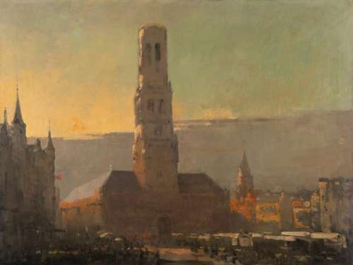 Van Der Vlist L., the weekly Saturday-market at the Bruges Marketplace at dawn, oil on canvas, 75 x 100 cmIs possibly subject of the SABAM legislation / consult ‘Conditions of Sale’