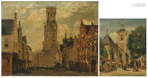 Monogrammed G.W. (Walckiers G.), a view on the Belfry of Bruges, oil on panel, 42 x 54 cm; added: Walckiers G., a market view, oil on panel, 27 x 33 cm