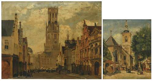 Monogrammed G.W. (Walckiers G.), a view on the Belfry of Bruges, oil on panel, 42 x 54 cm; added: Walckiers G., a market view, oil on panel, 27 x 33 cm