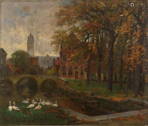 Van Acker F., 'Het Begijnhof te Brugge' (the beguinage of Bruges), dated 1918, oil on canvas, 76,5 x 90,5 cm