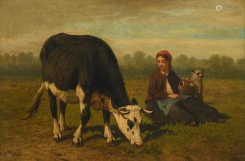 Robbe L., a shepherdess with a cow, dated (18)64, oil on canvas, 34 x 49,5 cm