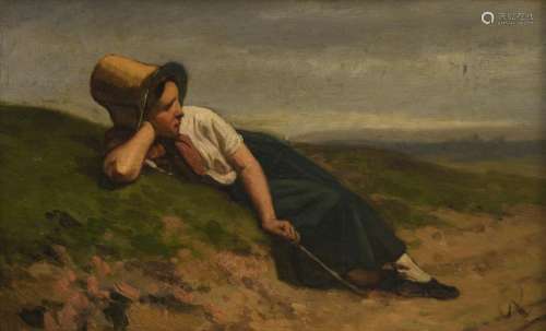 Robbe L., a resting shepherdess, oil on cardboard, 21 x 33 cm