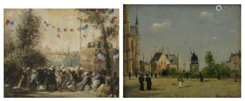 Lenoir M., a French festive village on the 14th of July, gouache, 18 x 23 cm; added: Van Teyne A., 'Paris place Notre Dame', oil on hardboard, 19 x 24 cm