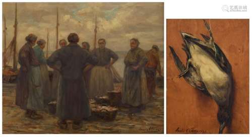 Clesse L.,  ladies  fishmongers gathering at the quay, oil on plywood, 44 x 54 cm; added: by the same artist, a still life with a bird, the reverse with an oil sketch depicting a working farmer, dated 1942, oil on plywood, 29 x 39 cmIs possibly subject of the SABAM legislation / consult ‘Conditions of Sale’