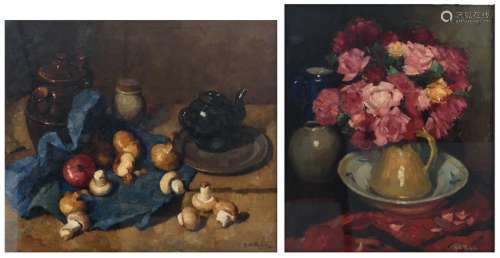 Michiels G., a still life with mushrooms, oil on canvas 60 x 70 cm; added: by the same artist, a flower still life, oil on canvas, 56 x 65 cmIs possibly subject of the SABAM legislation / consult ‘Conditions of Sale’