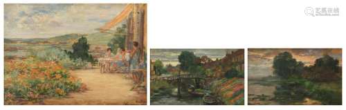 Herremans L. two landscapes, oil on panel, 15,5 x 24,5 - 15,5 x 24,5 cm; added: by the same artist, an animated scene in a Mediterranean landscape, oil on plywood, 27 x 42 cm