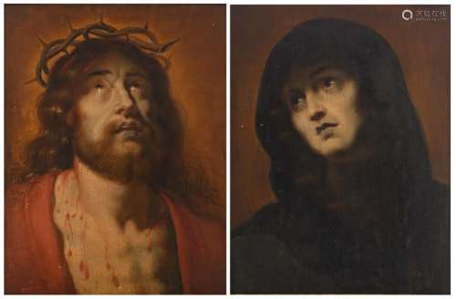 No visible signature, two paintings: 'Mater Dolorosa' - 'Ecce Homo', oil on an oak panel, Flemish, 17thC, 33 x 44 cm