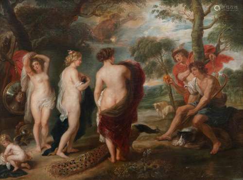 No visible signature, after the famous 'Judgement of Paris' by Peter Paul Rubens, The National Gallery in London, 17thC, oil on canvas, 146 x 195 cmIn this composition, the women are slightly more veiled than in the London painting (inventory N° NG194). Both paintings have identical dimensions.Included in the 