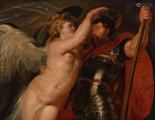 No visible signature, after Peter Paul Rubens, Mars crowned by the Goddess of Victory, 17thC, oil on canvas, in a richly carved period frame, 64 x 81 cmThe composition of this painting is a detail of the work hanging in the Pinakothek of Munich.