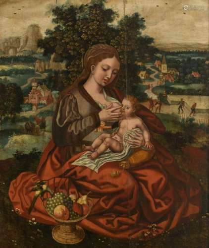 No visible signature, the nursing Madonna, oil on an oak panel, Flemish, 16thC, 59 x 73,5 cm