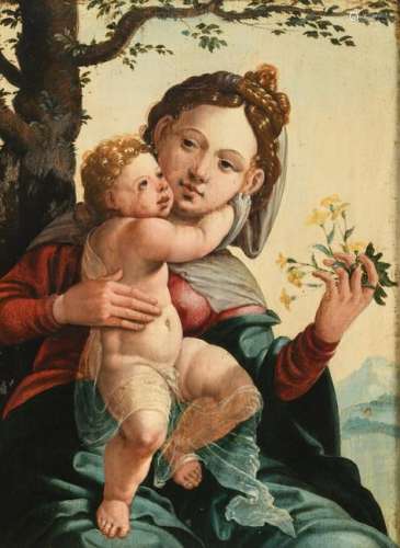 No visible signature, the Holy Mother and Child, oil on an oak panel, an 18th/19thC copy after a Renaissance painting, 32 x 43 cm