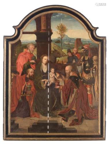 No visible signature, the adoration of the Magi, oil on panel, 16thC, 70,5 x 96 cm