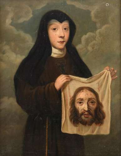 No visible signature, the portrait of a nun holding Veronica's veil, oil on canvas on panel, 18thC, 39 x 50,5 cm