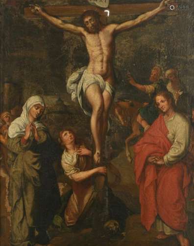 No visible signature, a Golgotha, oil on canvas, 17thC, 67 x 83 cm