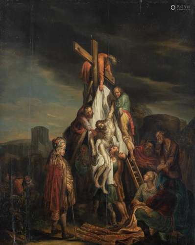 No visible signature, the descent from the cross, a copy after Rembrandt Van Rijn, oil on a cradled panel, 40 x 50 cm