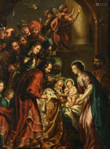 No visible signature, the adoration of Christ, oil painted on the reverse of a copper engraved plate by Wolfgang Kilian after a painting by Carolus Sereta, the work was mentioned in the catalogue of the exhibition 'Stad Mechelen, 4 eeuwen Aartsbisschoppelijke stad, 1961', 24,6 x 34,3 cm