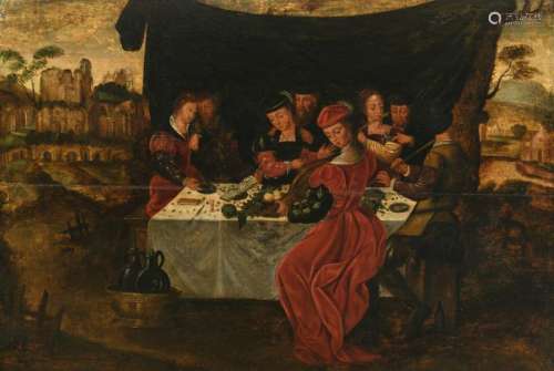 No visible signature, after a painting by Ambrosius Benson 'The After-Dinner Concert', 16thC, oil on panel, 51 x 75 cm