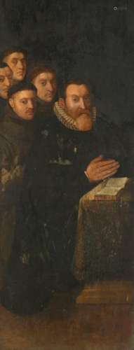 No visible signature, the left panel of a triptych depicting religious donors, 16thC, oil on canvas on panel, 49 x 121 cm