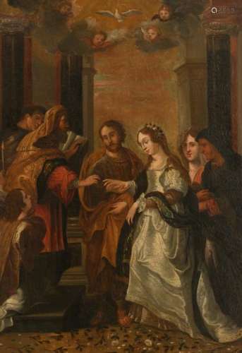 No visible signature, the wedding of the Holy Mary and Saint Joseph, oil on canvas, 17th/18thC, 57,5 x 80,5 cm