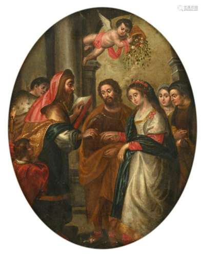 No visible signature, a mystical marriage, 17thC, oil on copper, 25 x 33 cm