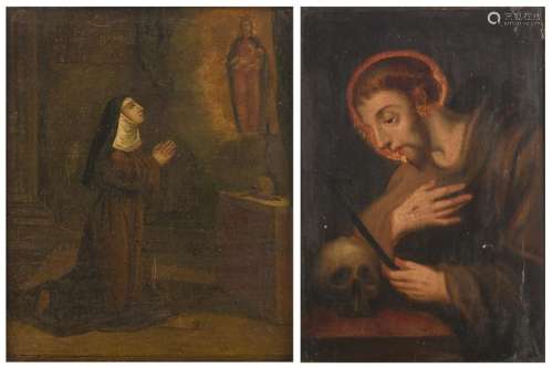 No visible signature, two paintings, one depicting Saint Francis, oil on panel, 18thC; the other one depicting Saint Brigitta (?), oil on panel, 19thC, 24 x 29,5 / 34 x 35 cm