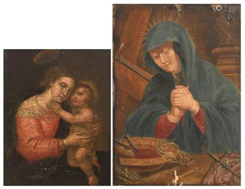 No visible signature, two paintings, one depicting the Holy Mother and Child; the other depicting the seven sorrows of the Blessed Virgin, both oil on panel, 17th/18thC, 22 x 25 - 25 x 35 cm
