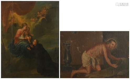 No visible signature, a cleric worshipping Jesus, oil on canvas, 18thC, 44 x 58 cm; no visible signature, the exhibition of the scourged Christ, oil on canvas, 17th/18thC, 36 x 51 cm