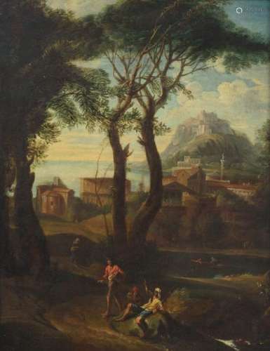 No visible signature (attrib. to Dughet G.), a landscape with fishermen, 17thC, oil on canvas, 46 x 60 cm