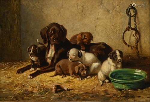 Te Gempt B., a mother dog with her five puppies, 19thC, oil on panel, 26 x 39 cm