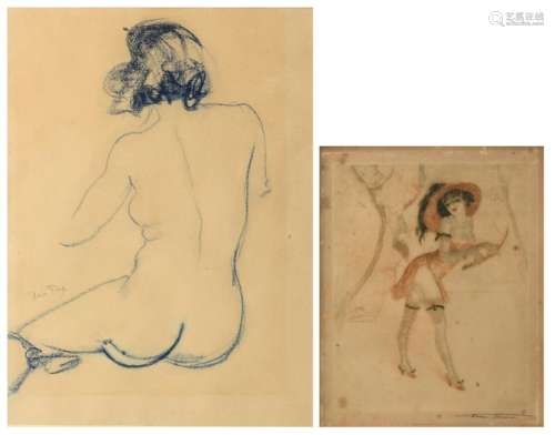Frey A., a female dancer, colour etching, 27 x 37 cm; added: Thomas H., a female nude seen from the back, blue cray drawing, the reverse with a dedication to Mme Dautinne, 20 x 25 cmIs possibly subject of the SABAM legislation / consult ‘Conditions of Sale’
