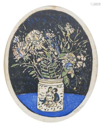 Tytgat E., a flower still life in a medallion, dated 1921, lithograph, 22,5 x 29 cmIs possibly subject of the SABAM legislation / consult ‘Conditions of Sale’