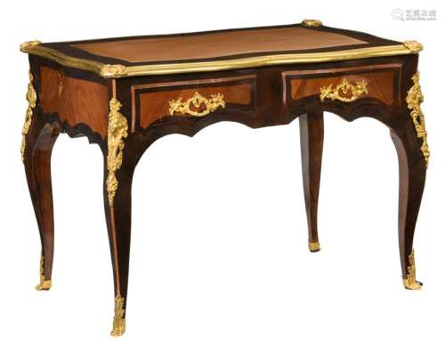 A fine Louis XV style rosewood veneered 'bureau plat', with gilt bronze mounts and inlaid leather on top, H 75 - W 102 - D 68 cm