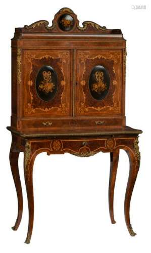 A French Napoleon III ladies writing desk, rosewood and marquetry veneered, with gilt bronze mounts, 19th/20thC, H 160 - W 87 - D 46 cm