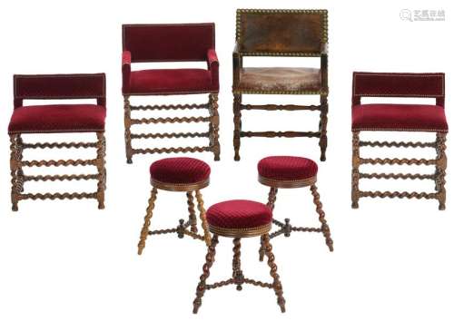 A Flemish Baroque armchair with leather upholstering, H 95 - W 62 - D 44 cm; added: 3 Set Of Priest Choir - seats, H 77 - 86 - W 62 - D 44 cm; extra added: three ditto stools, H 47 - ø 41 cm