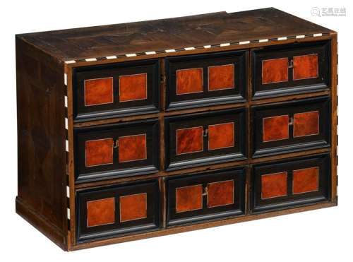 A small Flemish Antwerp ebony and ebonized wooden, rosewood, tortoiseshell and ivory veneered cabinet, 17thC, H 42 - W 70,5 - D 30 cmAdded expertise report according to CITES legislation. For European Community use only.