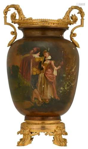 A stoneware vase, gilt and polychrome cold-paint decorated with a gallant scene and with gilt bronze mounts, H 63 cm