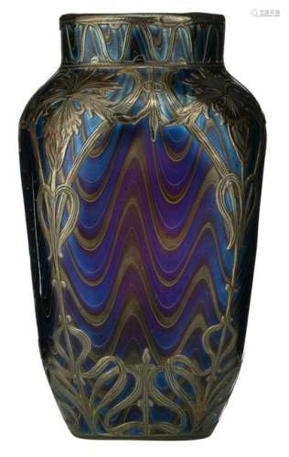 A fine Art Nouveau iridescent glass vase with a silver floral relief overlay decoration, in the manner of Loetz, Austria, circa 1900, no visible hallmarks but tested on silver purity, H 10,9 cm