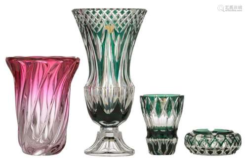 A collection of green overlay Val-Saint-Lambert crystal cut items, consisting of an ashtray, a small and a bigger vase, all marked, H 7 - 40 cm; added a cranberry pink swirl Val-Saint-Lambert vase, marked, H 27 cm