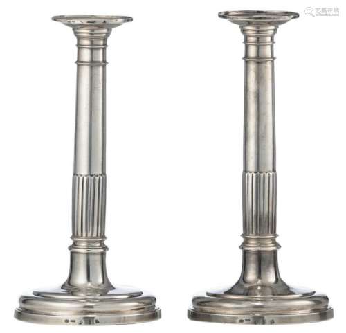A pair of Neoclassical silver candlesticks, Bruges' hallmarks for (17)93, makers' mark Ph. Mys, re-hallmarked 1814 - 1831, the item was exhibited and listed in the catalog of the exhibition 'Sint Janshospitaal 1188/1976' - Bruges 05.06. - 31.08.1976, page 656 - 657 vol.II, H 27 - weight about 750 g