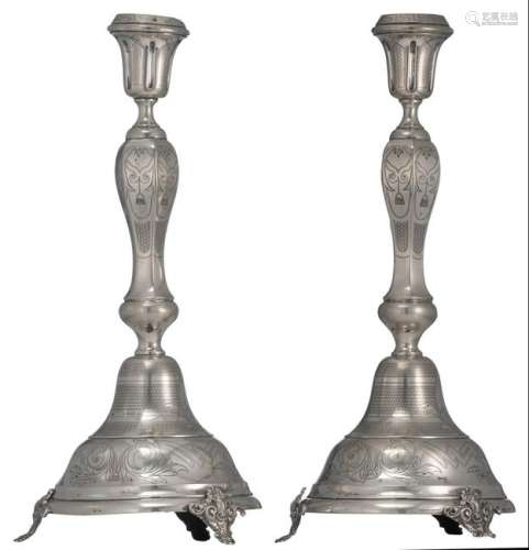A pair of imposing Baroque revival Austrian-Hungary silver candlesticks, purity 800/000, late 19th - early 20thC, engraved all-over, H 41,5 - 42 - weight about 1050 g