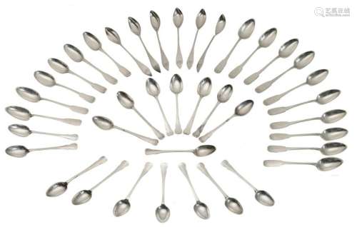 A collection of 12 18thC silver coffee spoons with the monogram of the St. John's Hospital; added: smaller three similar spoons; extra added: a collection of seventeen 18thC silver violin handle mocha spoons: extra extra added: six 19thC Dutch silver coffee spoons, total weight about 510 g