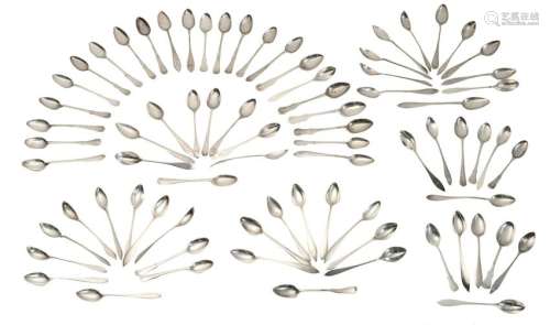A collection of twenty-three 18thC silver violin handle coffee spoons, engraved with various monograms; added: one collection of twenty-six and another of twenty-four 19thC silver 'Directoire' model coffee spoons, various shapes and various monograms, total weight 735 g