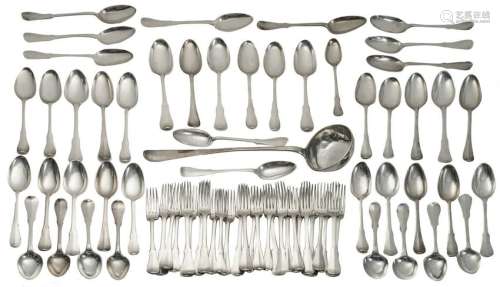 A collection of second half of the 18thC silver cutlery, consisting of twenty-five forks, forty-four spoons, and one laddle, all with Bruges hallmarks, various shapes, various year marks, and various makers' marks, L 20,5 - 38 cm, total weight 4400 g
