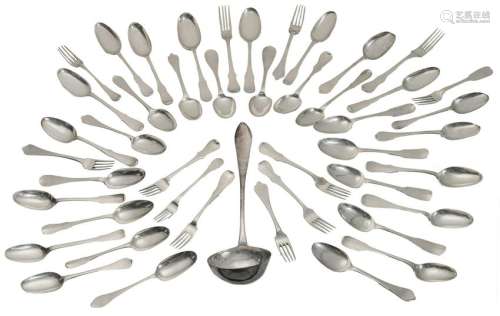 A substantial collection of silver cutlery and one ditto ladle, all items 18th/19thC and with various origin (mostly Belgium), some with the Hospital St. John monogram; L 18 - 37 cm / total weight 2840 g