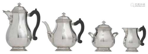A silver four-part coffee and tea set, ebony grips, Belgian hallmarks 1868 - 1942, silver purity 800/000, first half of the 20thC, H 14,5 - 26,5 cm - total weight 3030 g