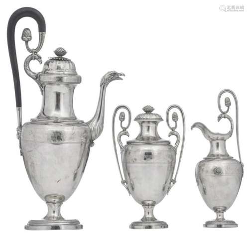 A Neoclassical three-part coffee set, marked 'Van de Acker', Brussels 1809 - 1814, H 39 - 24,5 - 22 cm, total weight: about 1711g