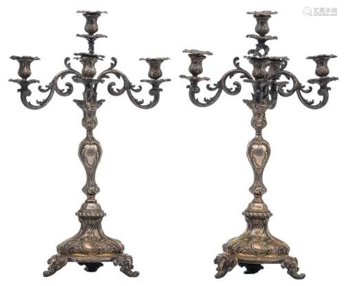 A pair of Rococo revival silver four-armed candlesticks, with German hallmarks, 800/1000, tested on silver purity, total weight: about 4632 g, H 56 cm