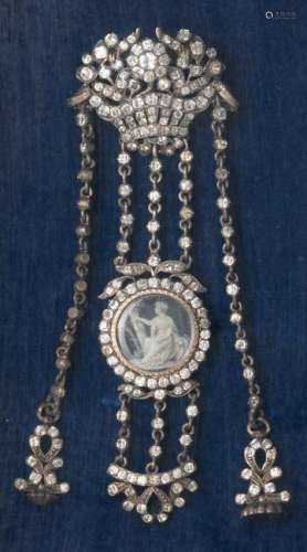 A silver chatelaine with central medallion set with a miniature painting after the antique; set with cut (diamond remnants? strass?), late 19thC, probably a Grand Tour souvenir framed in a box, H 10,5 cm - box 14 x 20 cm