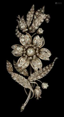 A fine 19thC silver flower twig shaped 'en tremblant' brooch in the manner of the typical Flemish jewelry, the back doubled with (18ct) red gold and the whole set with rose-cut diamonds, in its original cassette marked Heming & C° - London, H 9,6 cm - weight 32,6 g