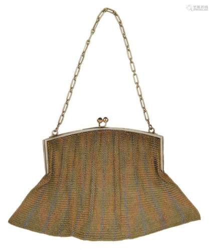 A late 19thC, 9ct gold ladies flapper bag purse, mesh woven in a herringbone pattern, the closure set with blue (gemstones), makers' mark R & C°, total weight 200,3 g